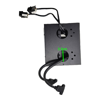 Black metal mounting bracket with attached black cables and connectors, shown on a white background with a green measurement overlay reading 3.9cm.