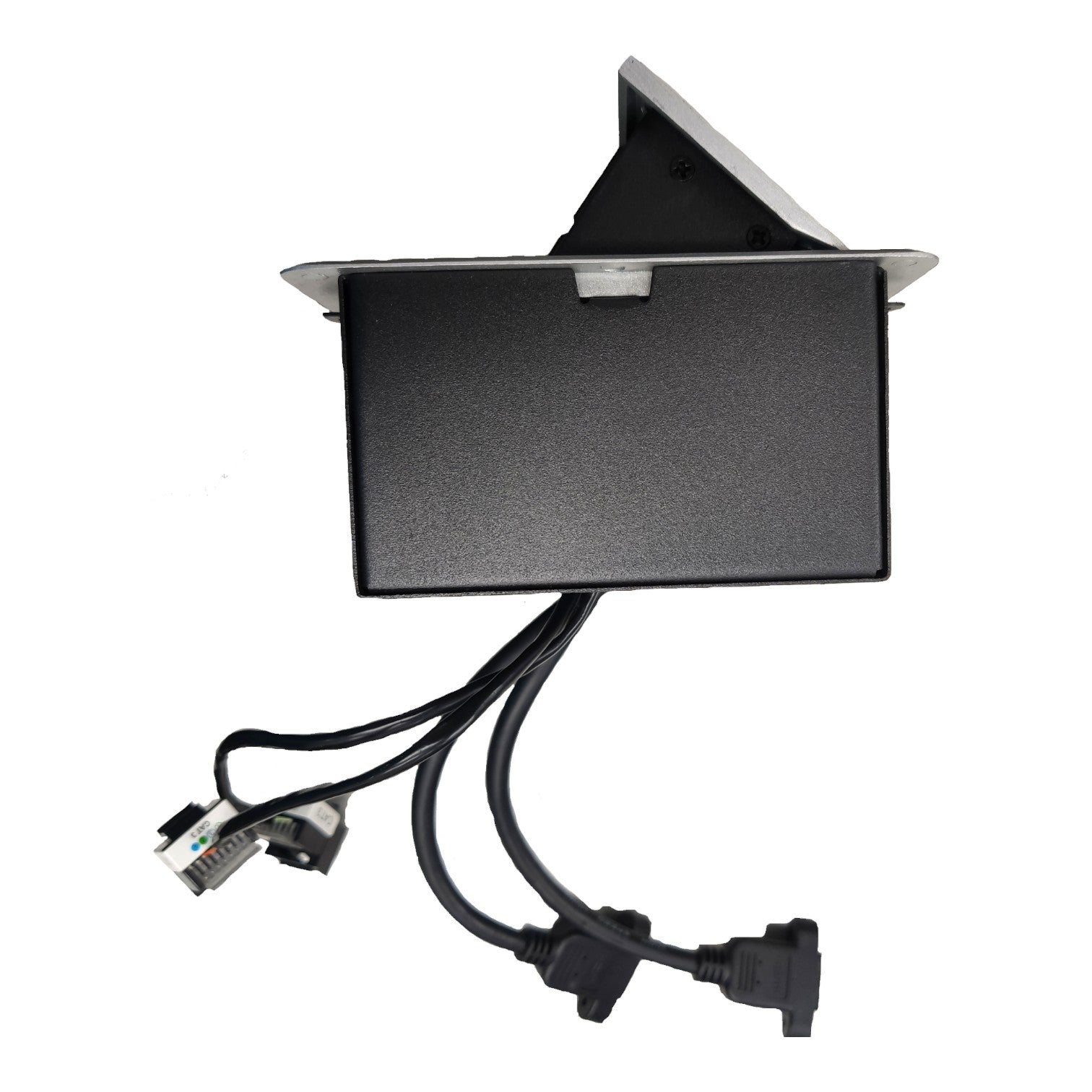 A black rectangular electronic control module with a triangular top cover, shown on a plain white background. Two black cables extend from the bottom with various electrical connectors.