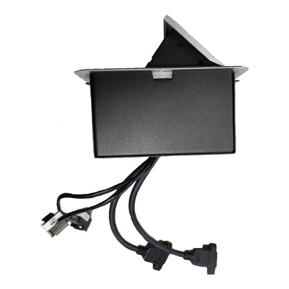 A black rectangular electronic control module with a triangular top cover, shown on a plain white background. Two black cables extend from the bottom with various electrical connectors.