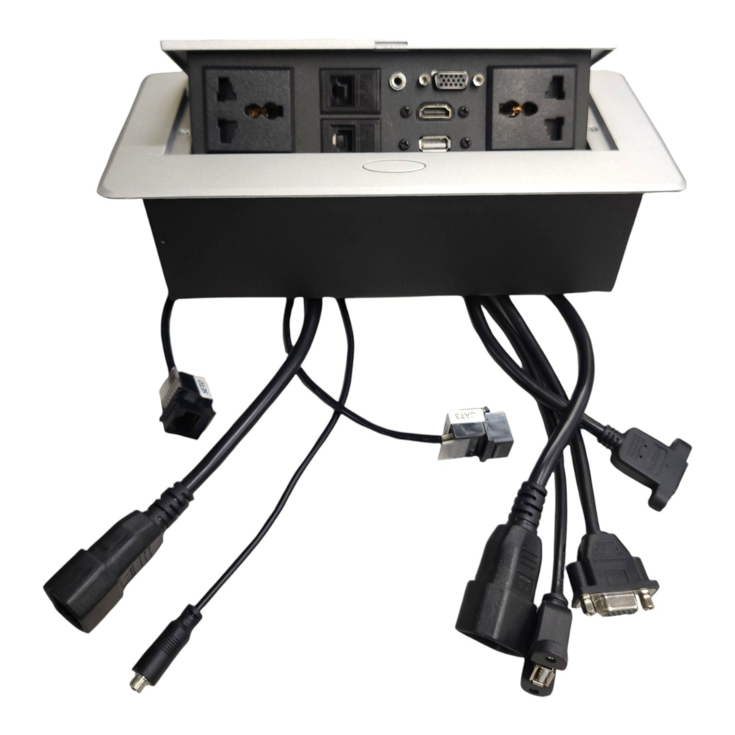 An under-desk power strip with a silver top panel and black base, shown with multiple black power cords and adapters extending downward on a white background.