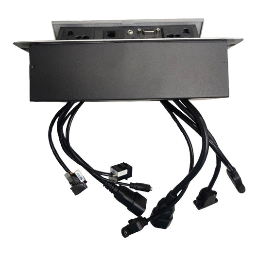 A black metal electrical power cable management box with multiple black power cords and connectors hanging below, shown against a plain white background.