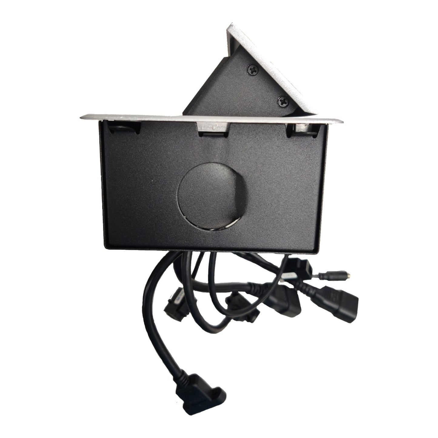 Black electrical outlet cover with multiple power cords and connectors, shown on a plain white background.