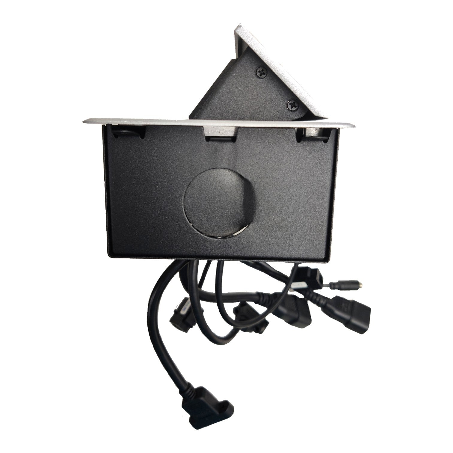 Black electrical outlet cover with multiple power cords and connectors, shown on a plain white background.