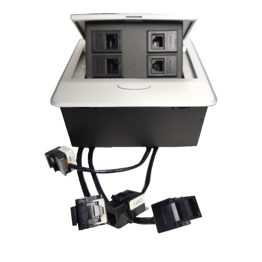 A black and silver RJ45 network patch panel with an open lid showing four ports, plus attached Ethernet cables and connectors, on a white background.