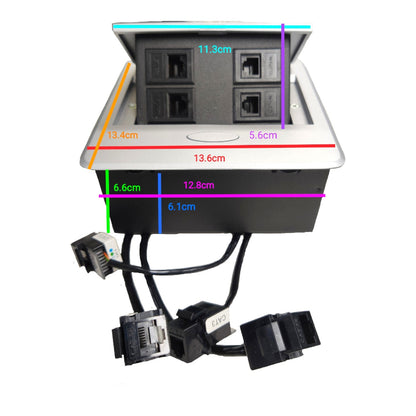 Black and silver RJ45 network patch panel with dimension annotations overlaid in multiple colors, showing measurements of the panel and attached cables on a white background.