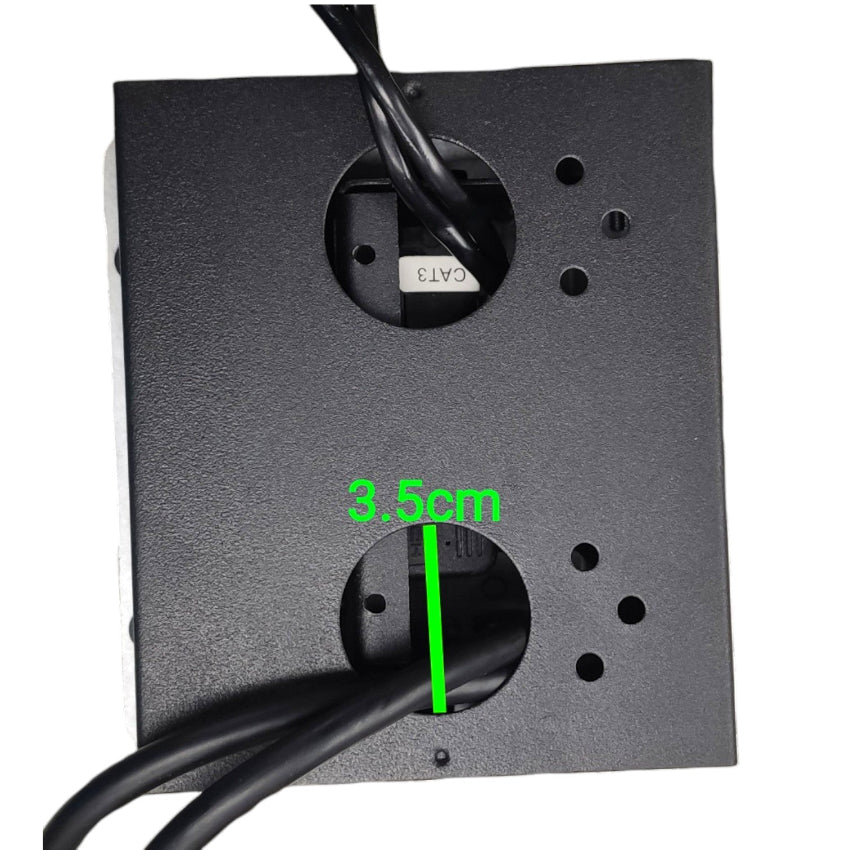 Black rectangular mounting bracket with two circular cable entry holes, shown on a white background with a green measurement overlay reading 3.5cm.