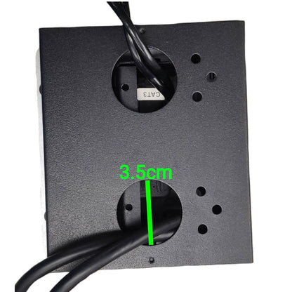 Black rectangular mounting bracket with two circular cable entry holes, shown on a white background with a green measurement overlay reading 3.5cm.