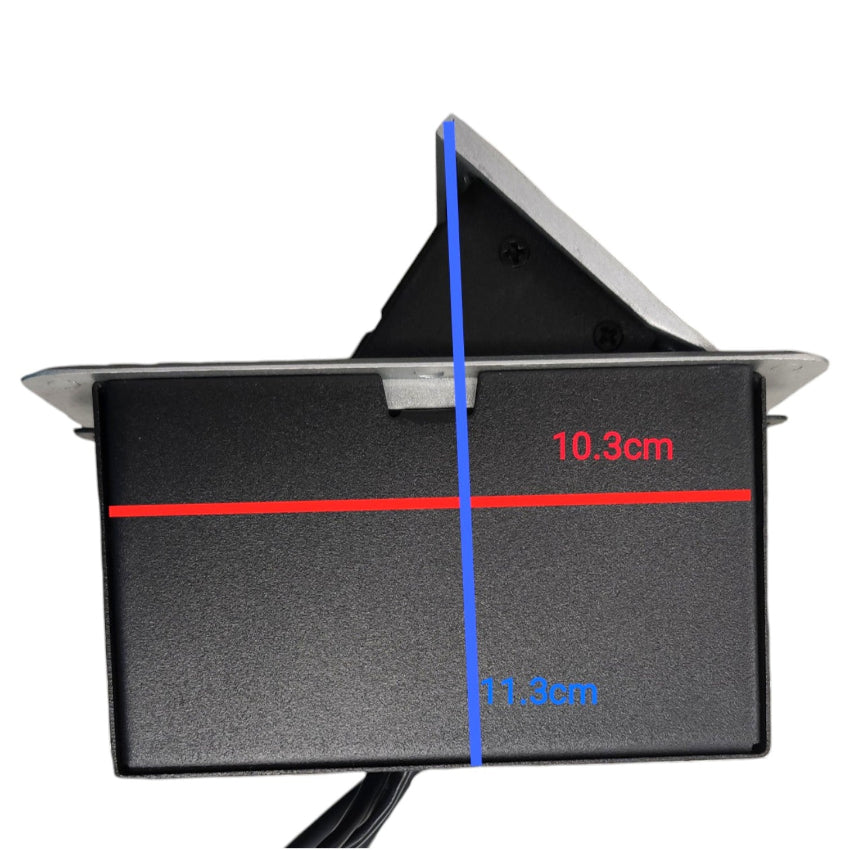 Black rectangular electronic module with a triangular metal bracket on top, shown on a white background with red and blue measurement lines and text indicating dimensions 10.3cm and 11.