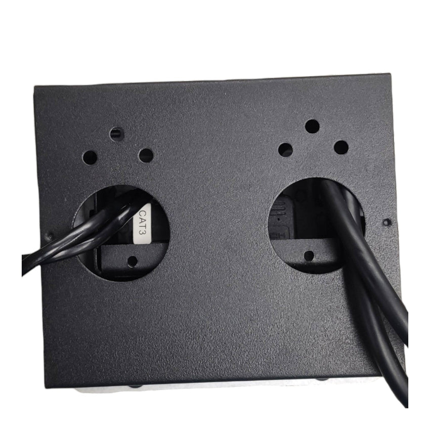 Black textured metal mounting bracket with two circular cutouts containing black cables, shown on a white background.