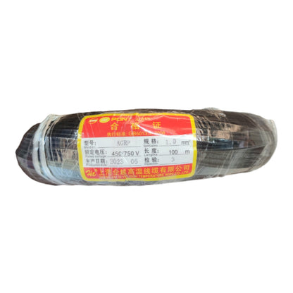 A spool of black electrical cable wrapped in clear plastic with a red and yellow label, shown against a plain white background.