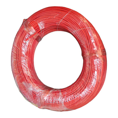A large coil of red cable or wire wrapped in clear plastic, isolated on a white background.