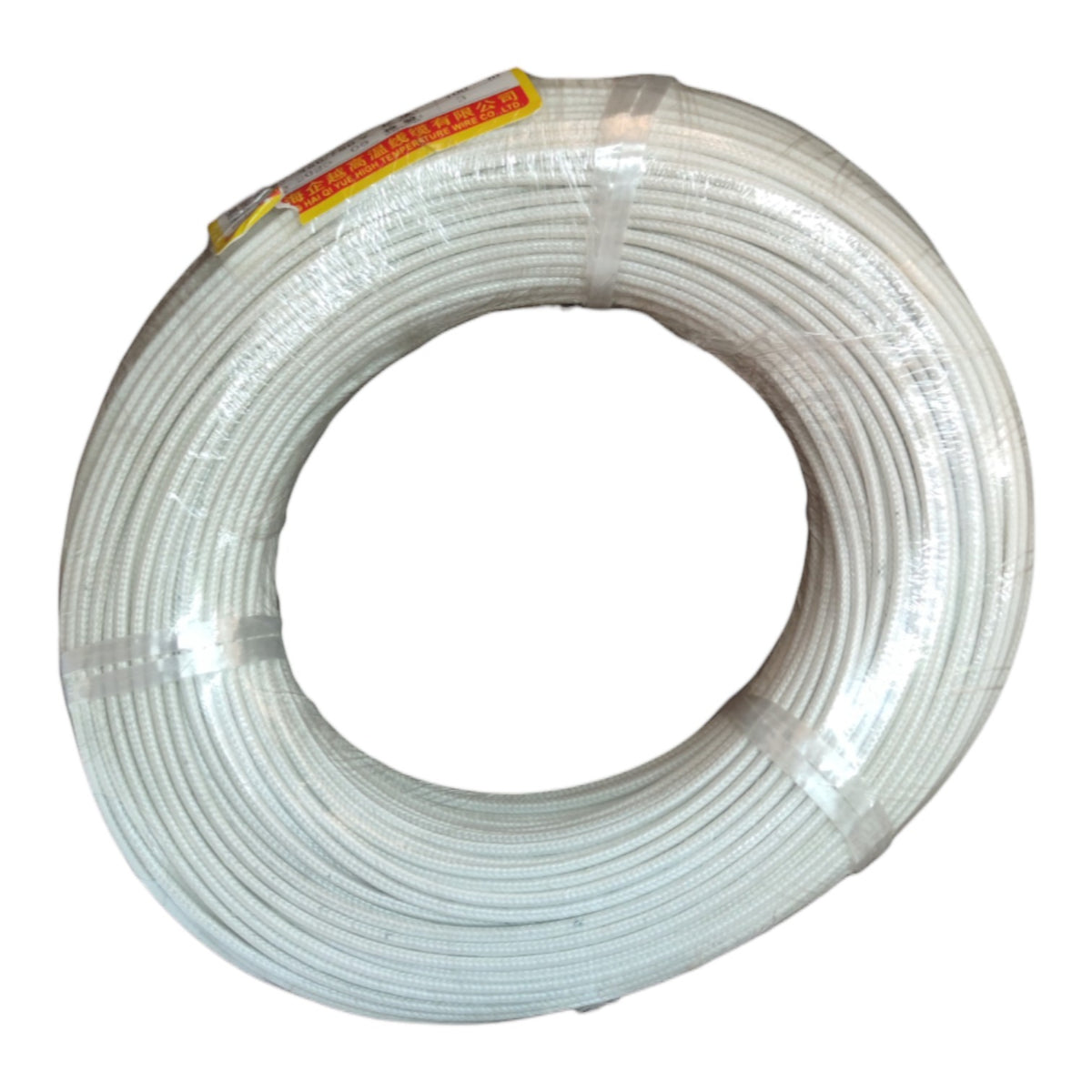 A large spool of white plastic cable or wire wrapped in clear protective plastic, with a small yellow and red label visible near the top, isolated on a white background.