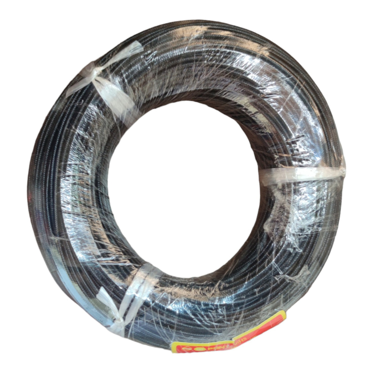 A coiled black cable or wire roll wrapped in clear plastic, photographed against a plain white background.