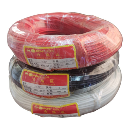 Three coiled rolls of wire wrapped in clear plastic with red and yellow labels, stacked on a white background. The top roll is red, the middle is black, and the bottom is white.
