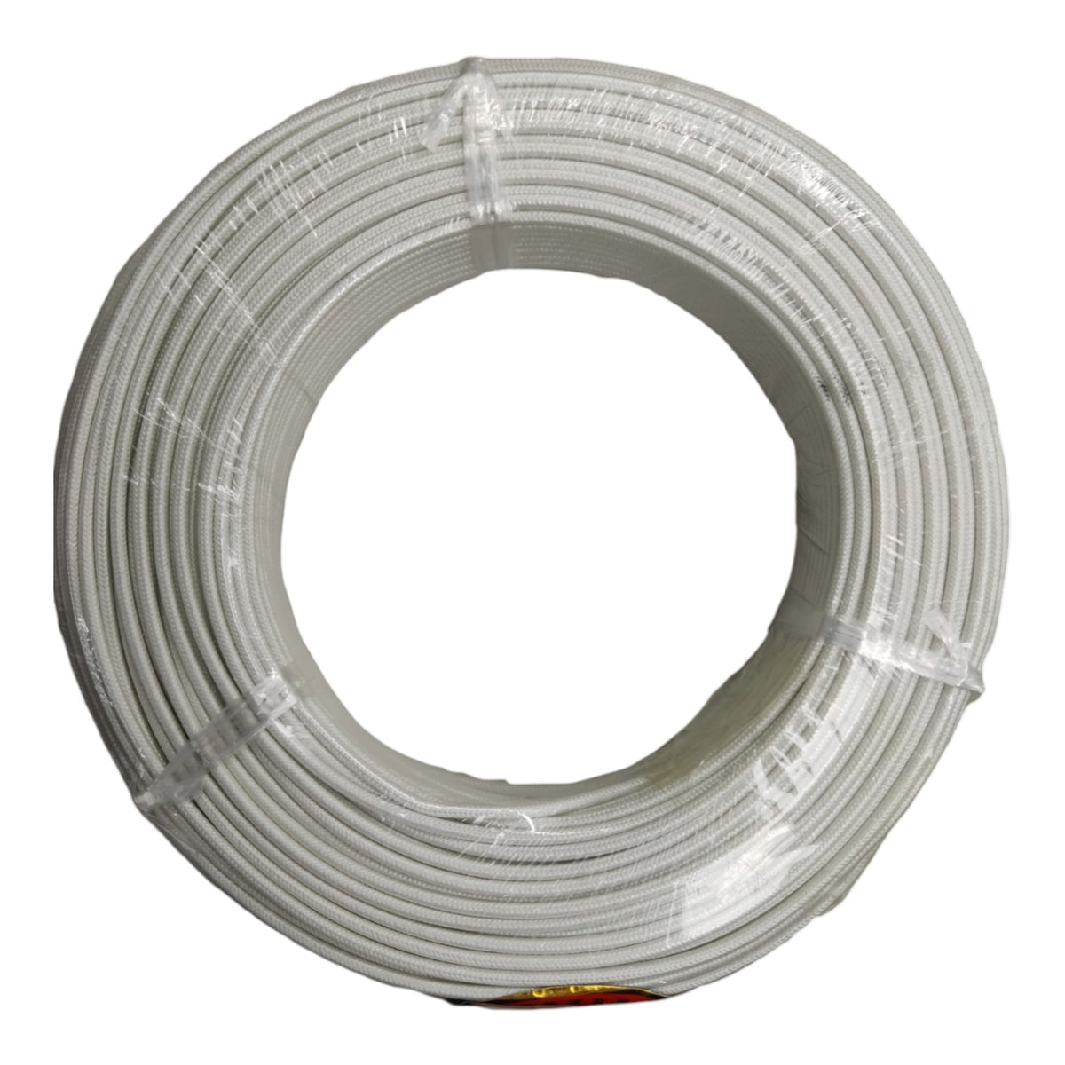 A large spool of white electrical wire or cable wrapped in clear plastic, shown against a plain white background.