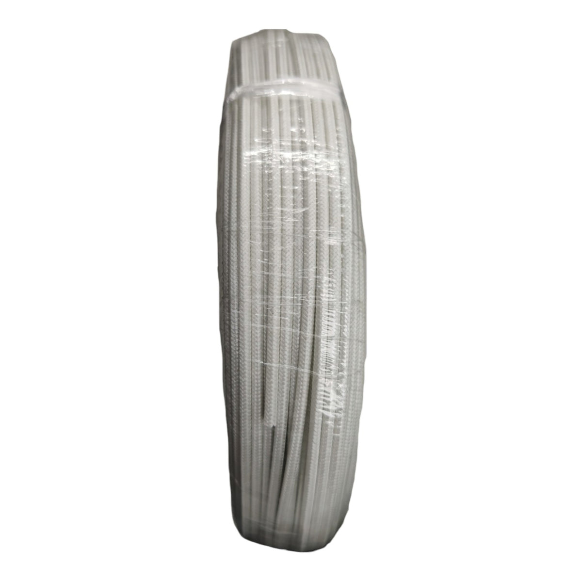 A tightly wound roll of white braided cable or cord, secured with a clear plastic band, shown against a plain white background.