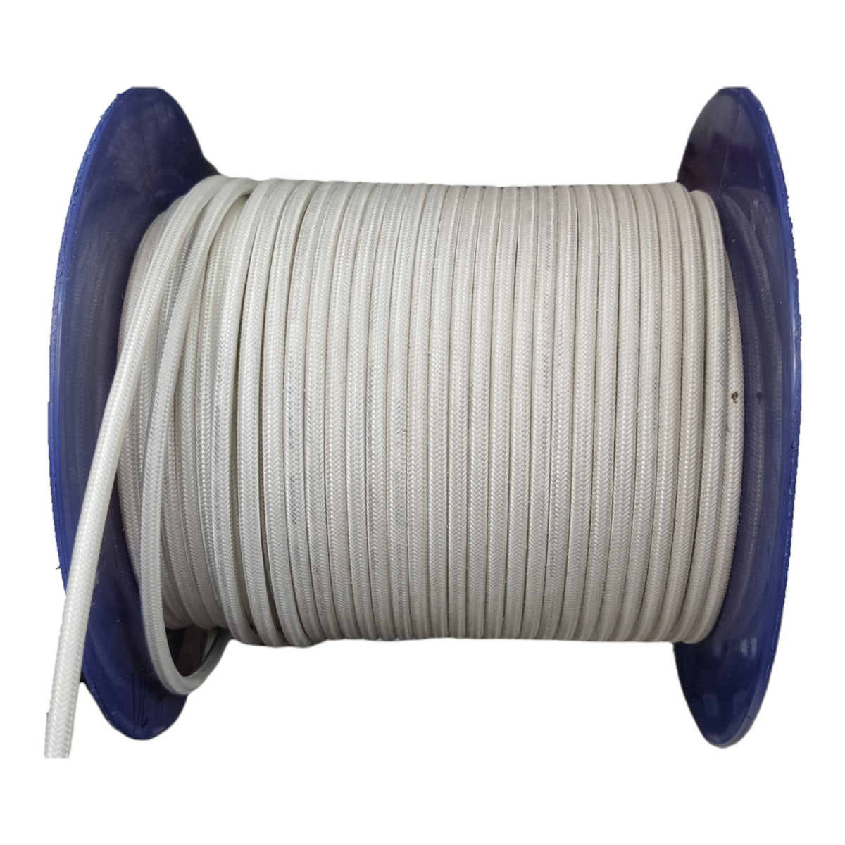 A spool of white braided cable or cord wound around blue plastic spool ends, shown on a plain white background.
