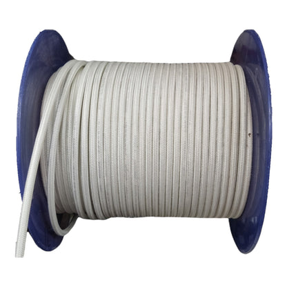 A spool of white braided cable or cord wound around blue plastic spool ends, shown on a plain white background.