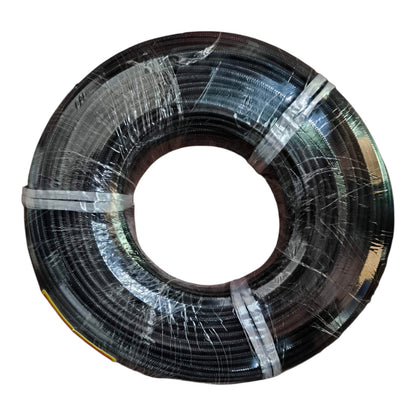 A large spool of black cable or wire wrapped in clear protective plastic, isolated on a white background.