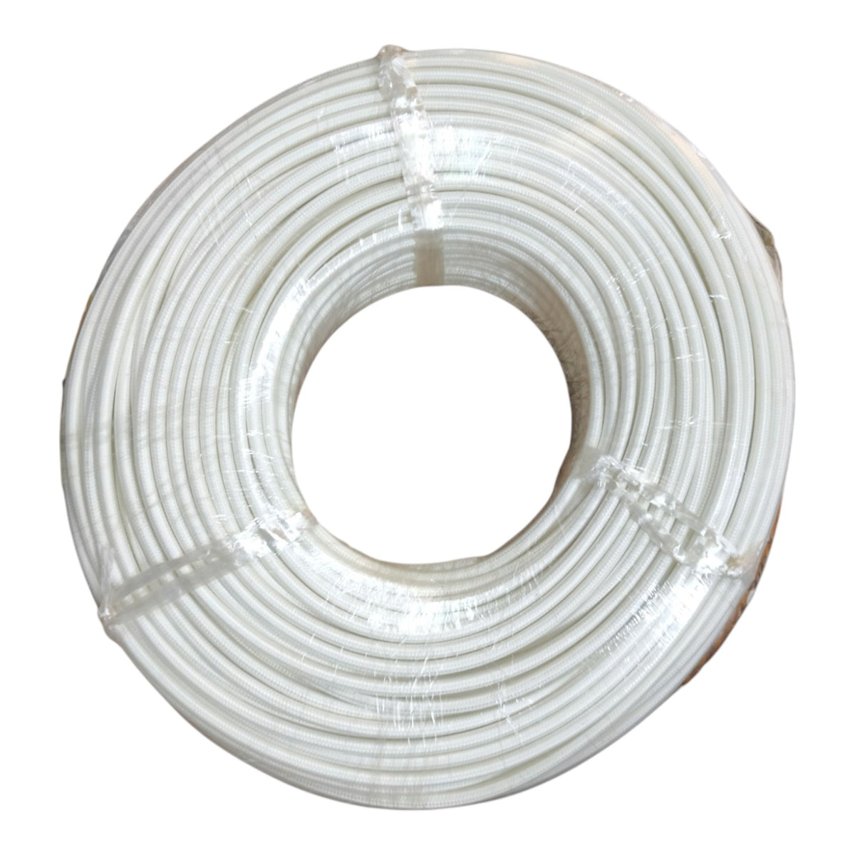 A coiled roll of white plastic tubing or hose, secured with clear plastic wrap, shown against a plain white background.