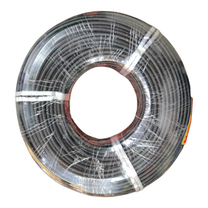 A large spool of black cable or wire wrapped in clear protective plastic, isolated on a white background.