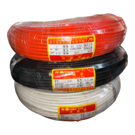 Three rolls of electrical wire cable wrapped in clear plastic with red and yellow labels, stacked vertically on a white background.