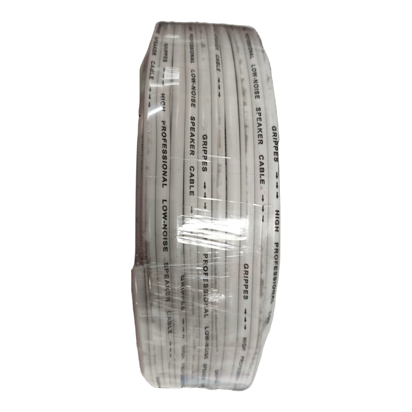 A tightly wound spool of professional low-noise speaker cable, wrapped in clear protective plastic. The cable has a white base with gray and black printed text indicating its specifications.