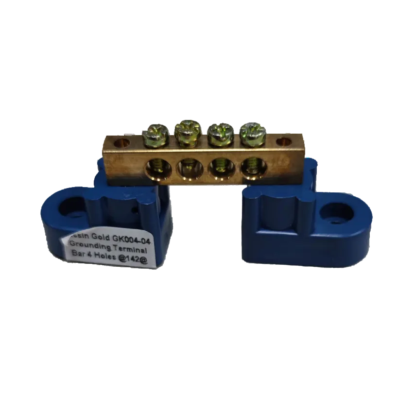 Grippes Grounding Bus Bars 4 Holes brass terminal with blue insulating mounts for electrical circuitry