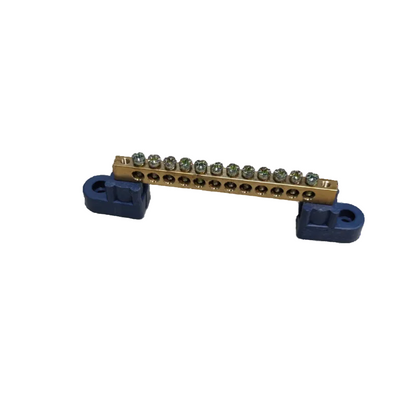 Grippes Grounding Bus Bars 4 Holes with multiple screw terminals on black and blue base