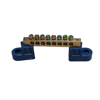 Grippes grounding bus bars 4 holes with brass connector and blue mounting brackets for electrical circuitry