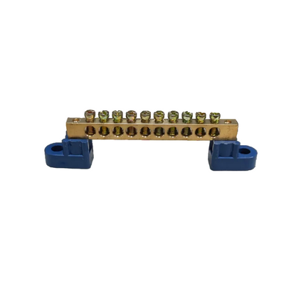 Grippes Grounding Bus Bars 4 Holes with brass bar and blue mounting brackets for electrical circuitry