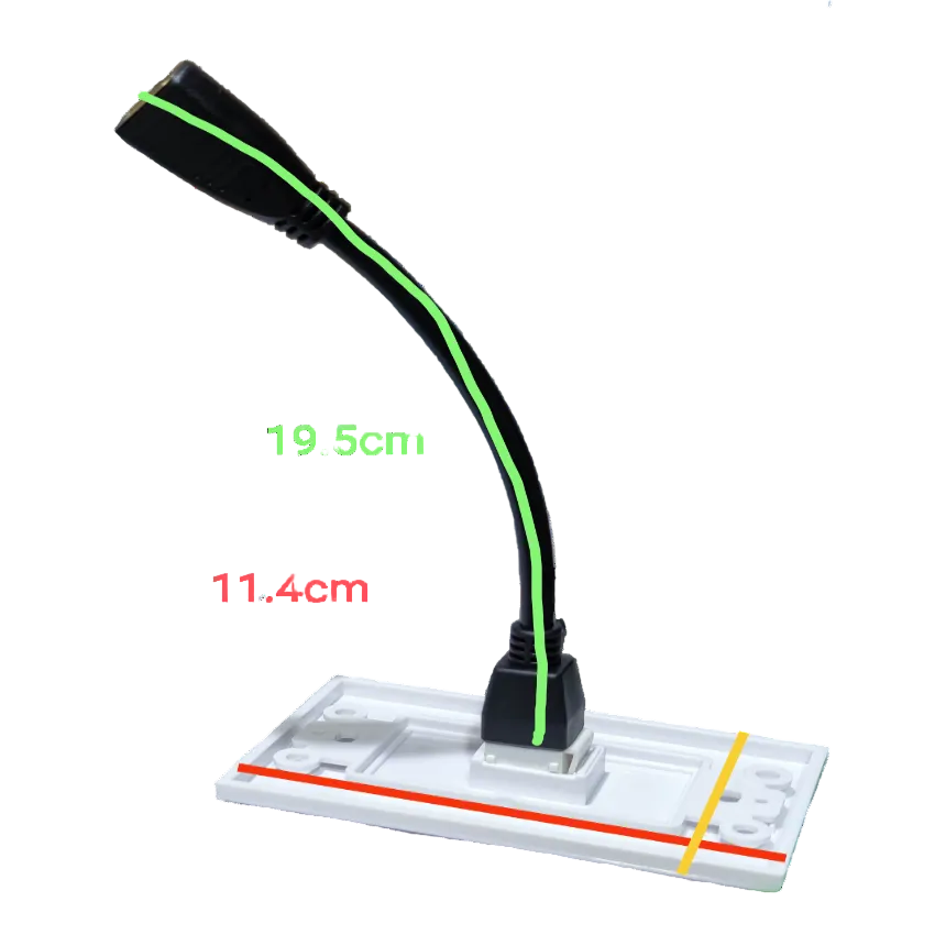 Grippes HDMI wall outlet with cord showing white wall plate and black HDMI connector cable with measurements