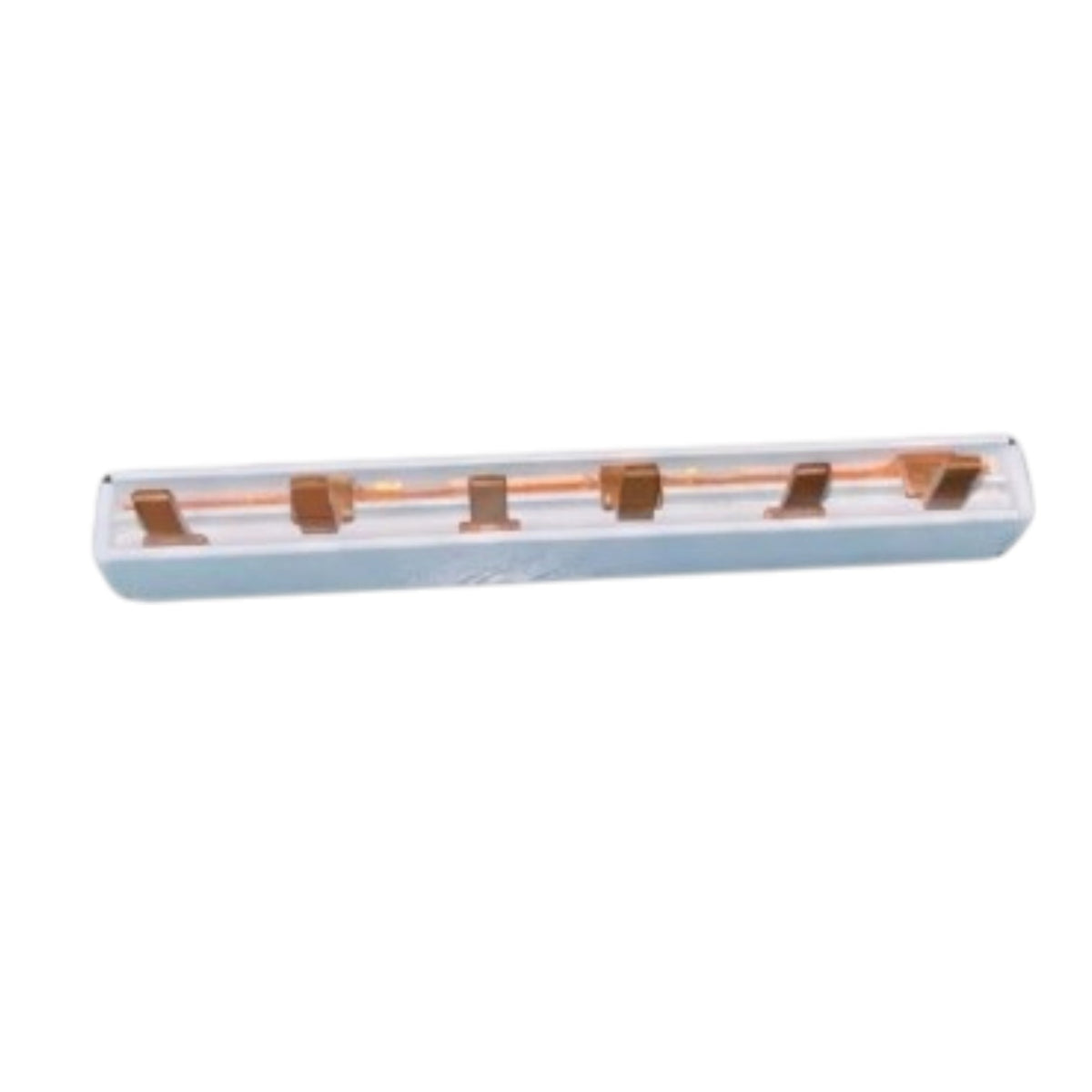 A copper heat pipe with multiple flat evaporator fins, enclosed in a clear plastic protective sleeve, shown on a plain white background.