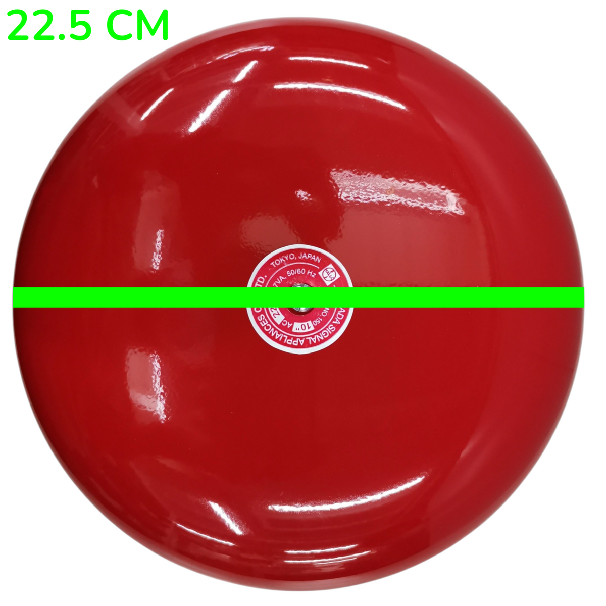 A glossy red round object, likely a decorative plate or wall clock, shown from above with a bright green horizontal measurement line across the center and green text reading 22.5 CM in the top left corner.