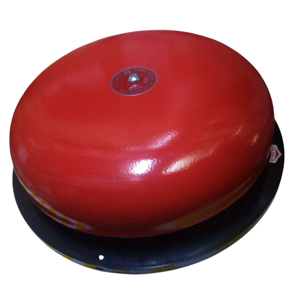 A red dome-shaped fire alarm bell mounted on a black circular base, shown against a plain white background.