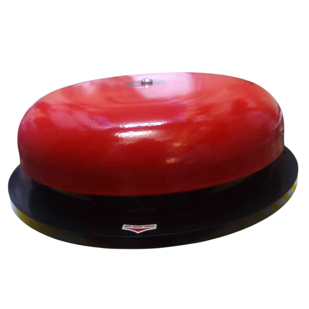 A red and black emergency bell or alarm device on a plain white background.