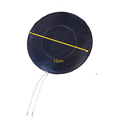 A round black disc-shaped product with two thin wire leads extending downward, shown on a plain white background with a yellow diagonal measurement line and the text '12cm' overlaid.