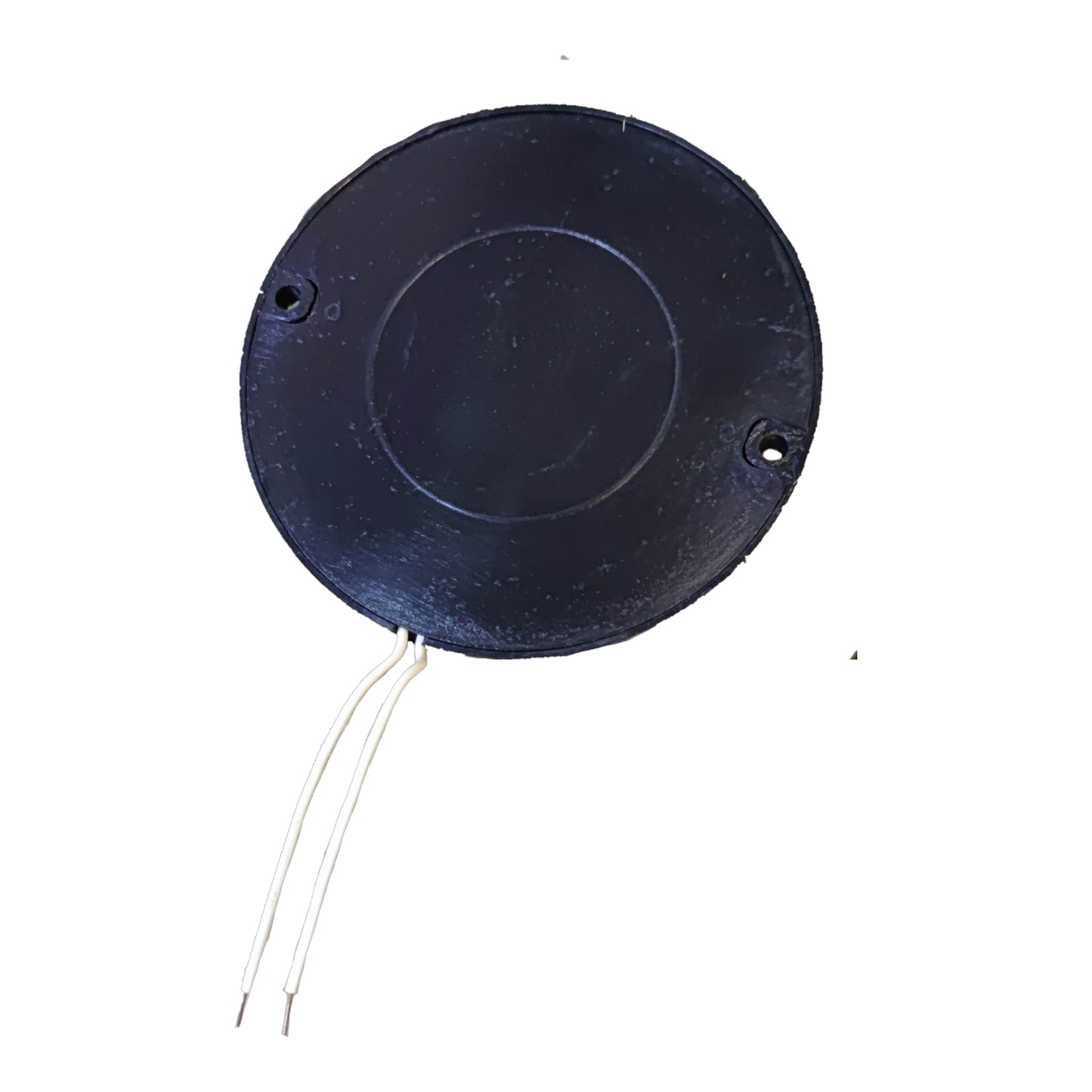 A round black plastic component with two small screw holes and two thin wire leads extending downward, shown on a plain white background.