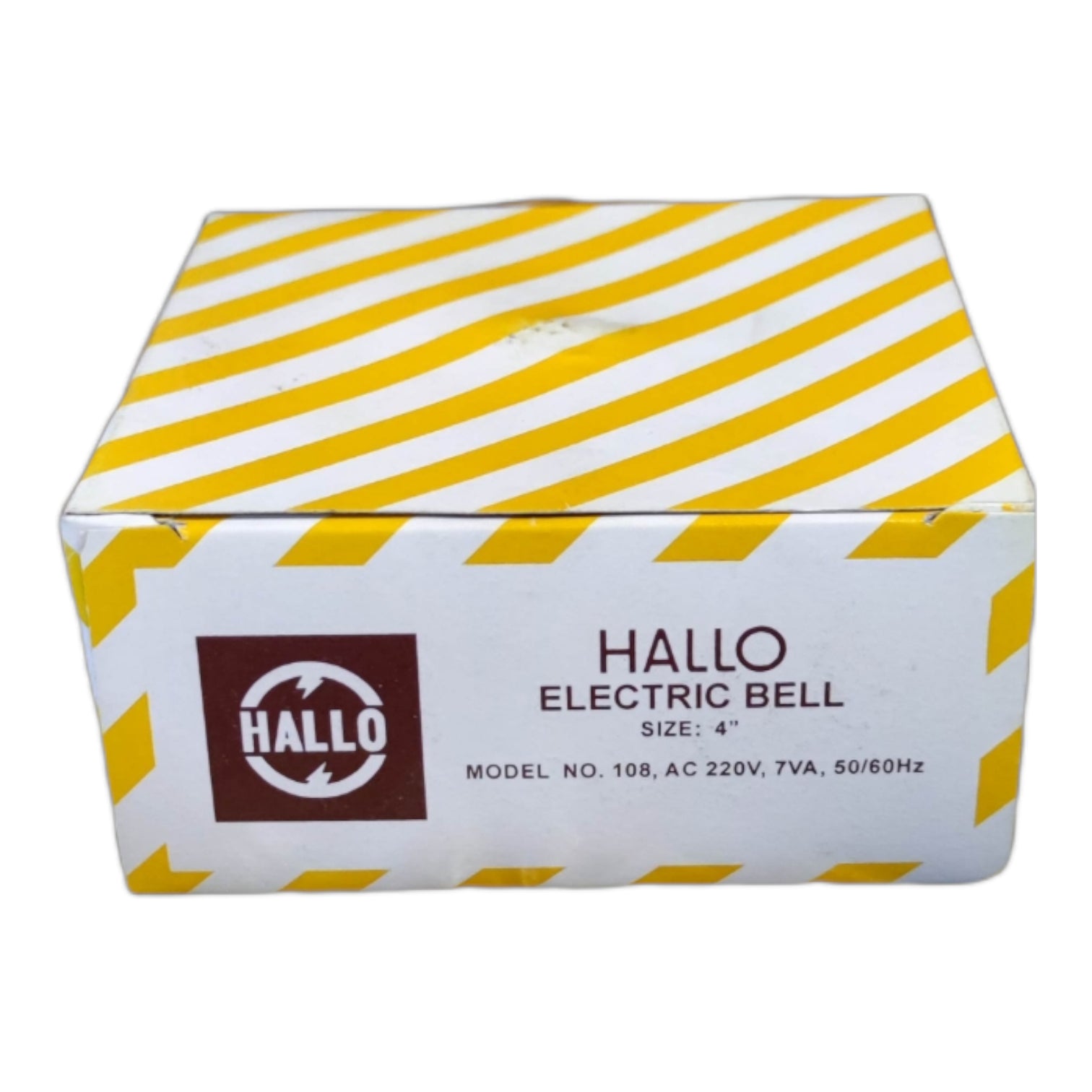 A white and yellow striped cardboard box for a HALLO Electric Bell, size 4 inches, with the HALLO brand logo printed on the front.