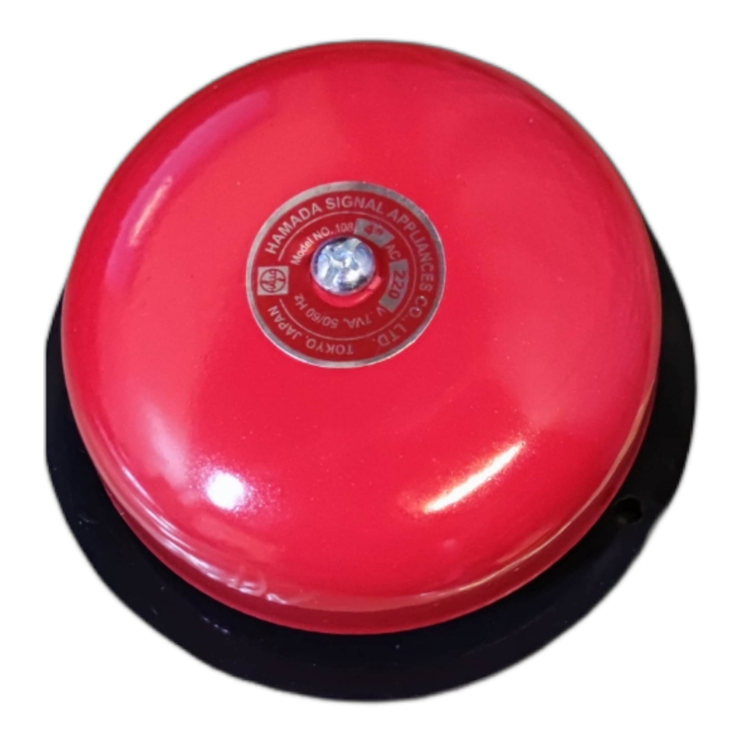 A red emergency signal bell with a black base, featuring a central metal label that reads 'HAMADA SIGNAL AIRLIFT CO., LTD.