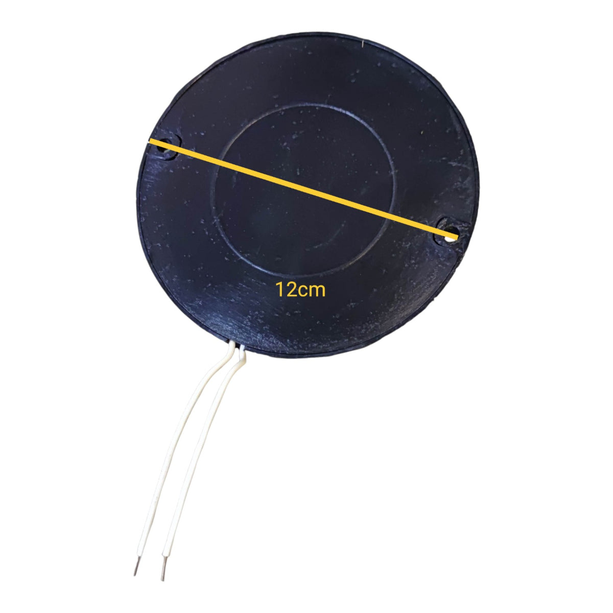 A round black disc-shaped product with two thin white wires extending downward, shown on a plain white background. A yellow diagonal line and the text '12cm' indicate the product's diameter.