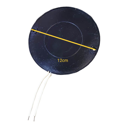 A round black disc-shaped product with two thin white wires extending downward, shown on a plain white background. A yellow diagonal line and the text '12cm' indicate the product's diameter.