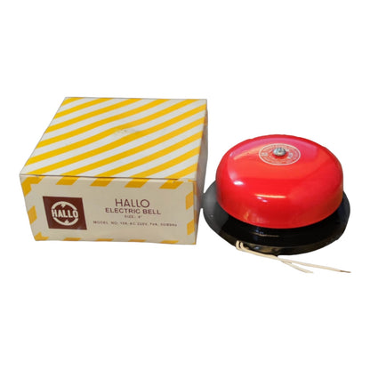 A red HALLO electric bell with a black base and attached wire next to its yellow and white striped product box on a white background.