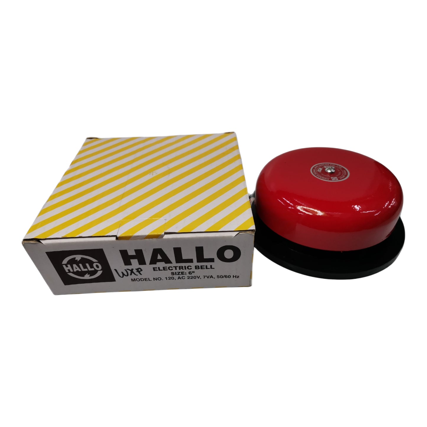 Red electric bell with yellow and white striped box labeled 'HALLO' on a white background