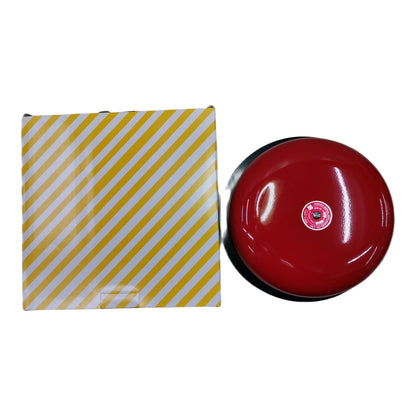 Red bell with a yellow and white striped box on a white background
