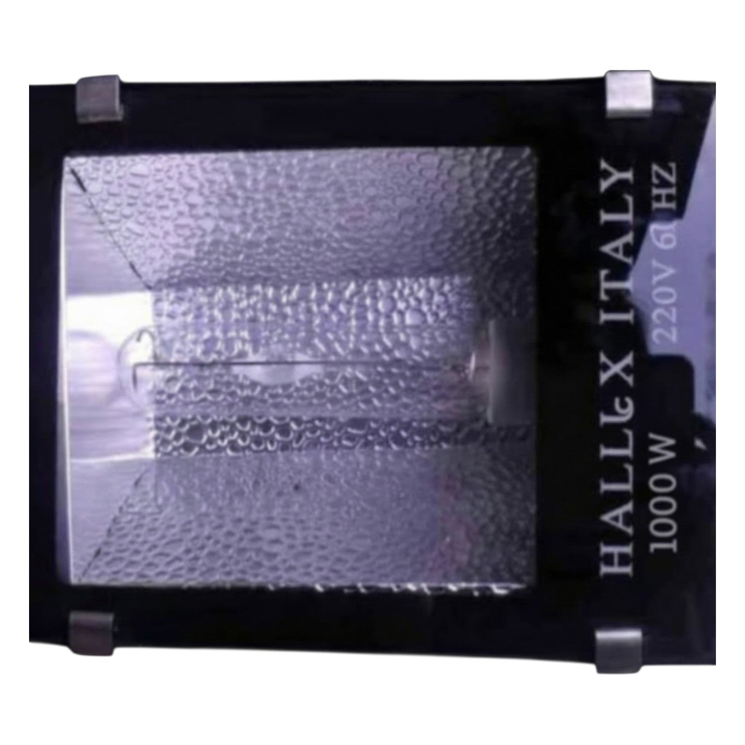 Hallex Italy 1000W light bulb with textured glass cover on a white background