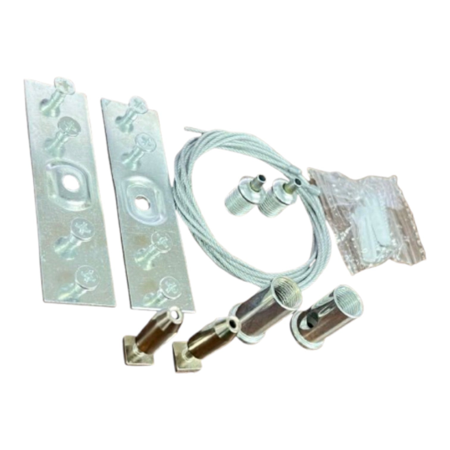 A metal hardware kit containing two long silver mounting plates, a coiled silver cable, several metal connector fittings, and a small clear plastic bag of screws, shown on a plain white background.