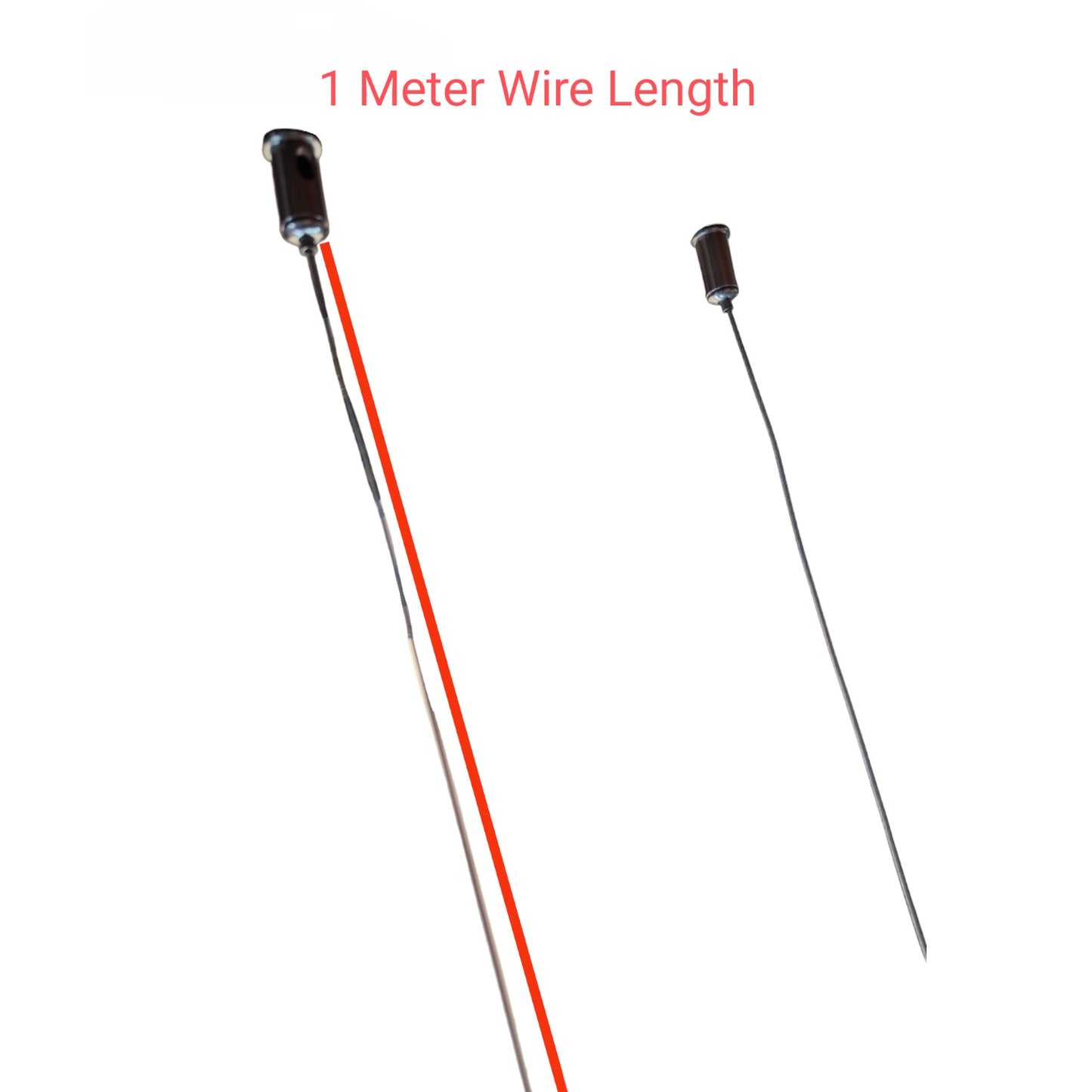 Two small black cylindrical sensor probes with long wires on a white background, one with a red wire and one with a black wire, with red text reading '1 Meter Wire Length' above.