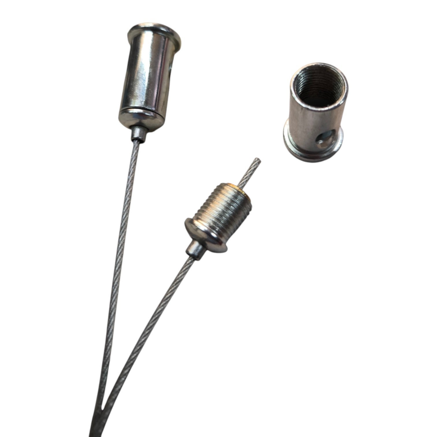 Three metallic cable lock components, including two with attached steel cables and one separate cylindrical lock piece, shown on a plain white background.