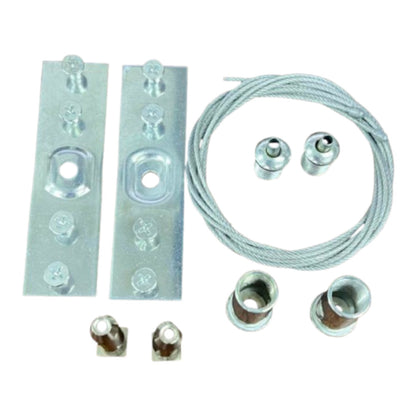 A metal hardware kit with two long silver mounting plates, a coiled silver cable, two small metal fittings, and four small metal connectors, arranged on a plain white background.